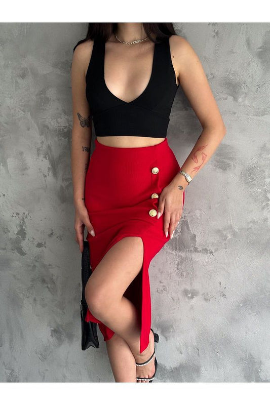 Kadın Etek Düğme Detaylı Örme Fitilli Kaşkorse Kumaş Yırtmaçlı